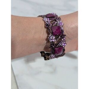 Elegant Square Deep Pink Gemstone Cuff Bracelet with Floral Trim Design
